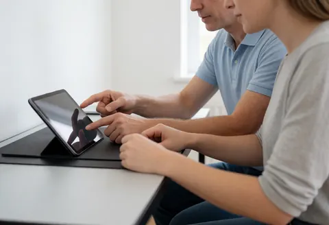 Close-up of hands holding and interacting with a digital tablet during a spanish language lesson in a professional educational setting