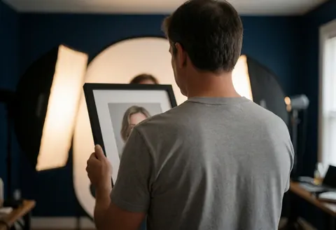 A portrait photographer hands a framed portrait to a client in a studio with professional lighting and blue walls.