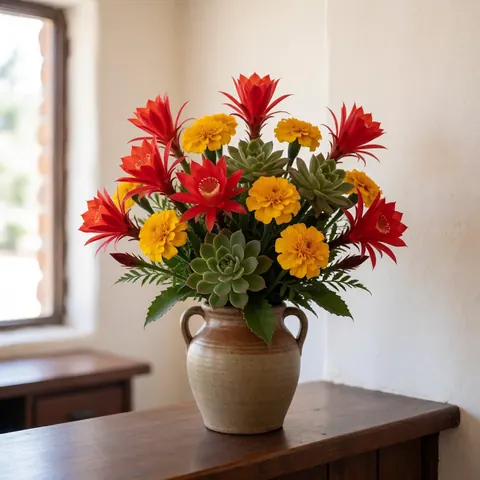 Colorful andean flower arrangement with red cactus, yellow marigolds, and green succulents in a ceramic vase on a wooden table with natural light