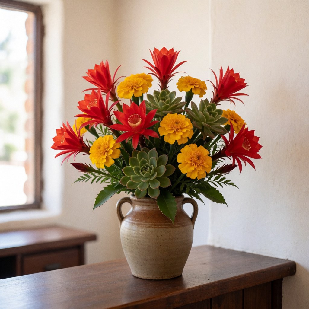 Colorful andean flower arrangement with red cactus, yellow marigolds, and green succulents in a ceramic vase on a wooden table with natural light