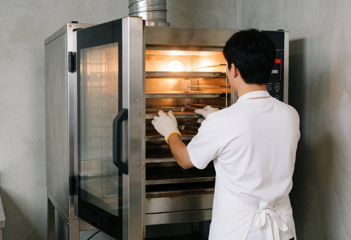 Baker adjusting a rack inside a commercial oven with warm light, concrete walls, and soft steam.