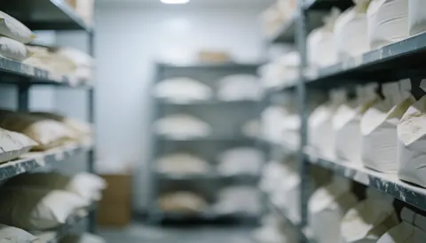Metal shelves holding flour sacks in a clean industrial bakery storage area with soft focus and cool lighting