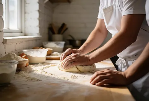 Baker's hands kneading dough on a floured wooden table near a window with natural light and white brick walls