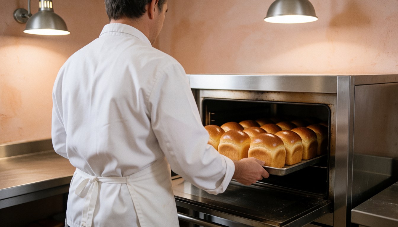 Professional baker placing a tray of golden bread loaves into a clean industrial oven with terracotta walls and metallic lights.