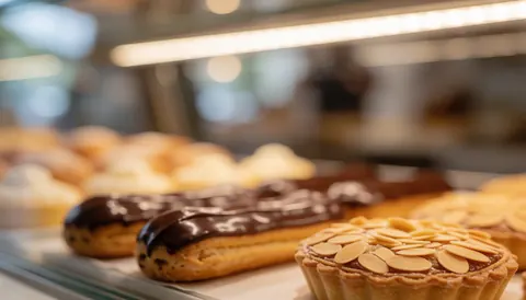 Chocolate eclairs and almond cake in a bakery display case with warm lighting and blurred background for text overlay