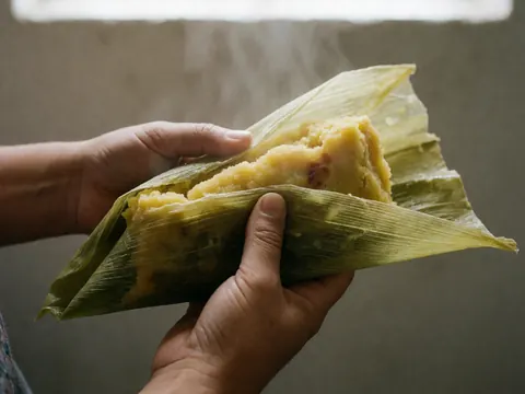 Close-up of hands peeling back the corn husk from a hot, steaming humita against a neutral background with natural light.