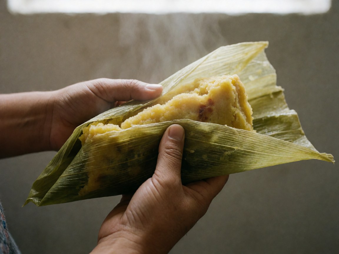 Close-up of hands peeling back the corn husk from a hot, steaming humita against a neutral background with natural light.
