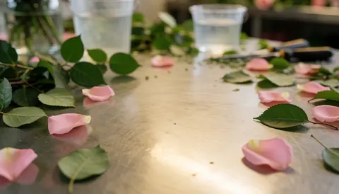 Floral arrangement workspace featuring green leaves and pink petals on a stainless steel table with blurred water buckets and tools in the background