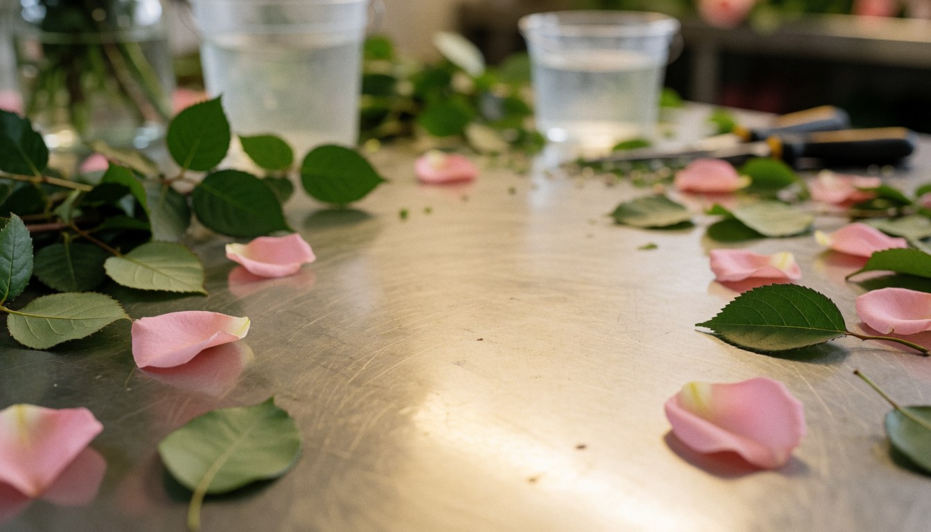 Floral arrangement workspace featuring green leaves and pink petals on a stainless steel table with blurred water buckets and tools in the background