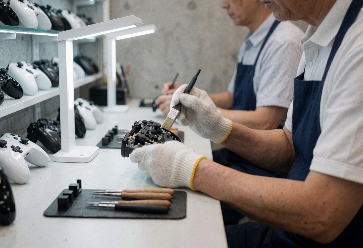 Close-up of a technician's hands using a brush to apply sealant to a game controller with tools and parts in the background