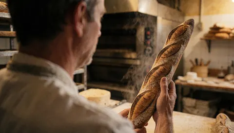A baker holds a steaming fresh baguette in a bakery kitchen with an oven and tools.