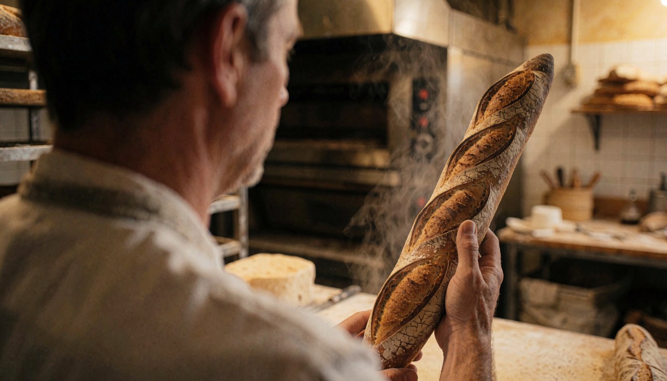 A baker holds a steaming fresh baguette in a bakery kitchen with an oven and tools.
