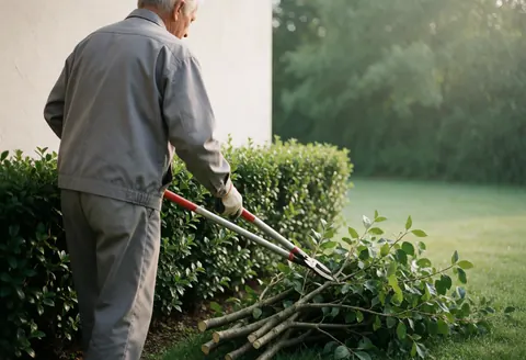 Professional gardener wearing gloves and using hand shears to trim a green hedge in a grassy garden under soft morning light.