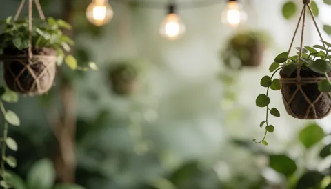 Hanging potted plants with warm ambient lights and soft green foliage, ideal for text backgrounds.