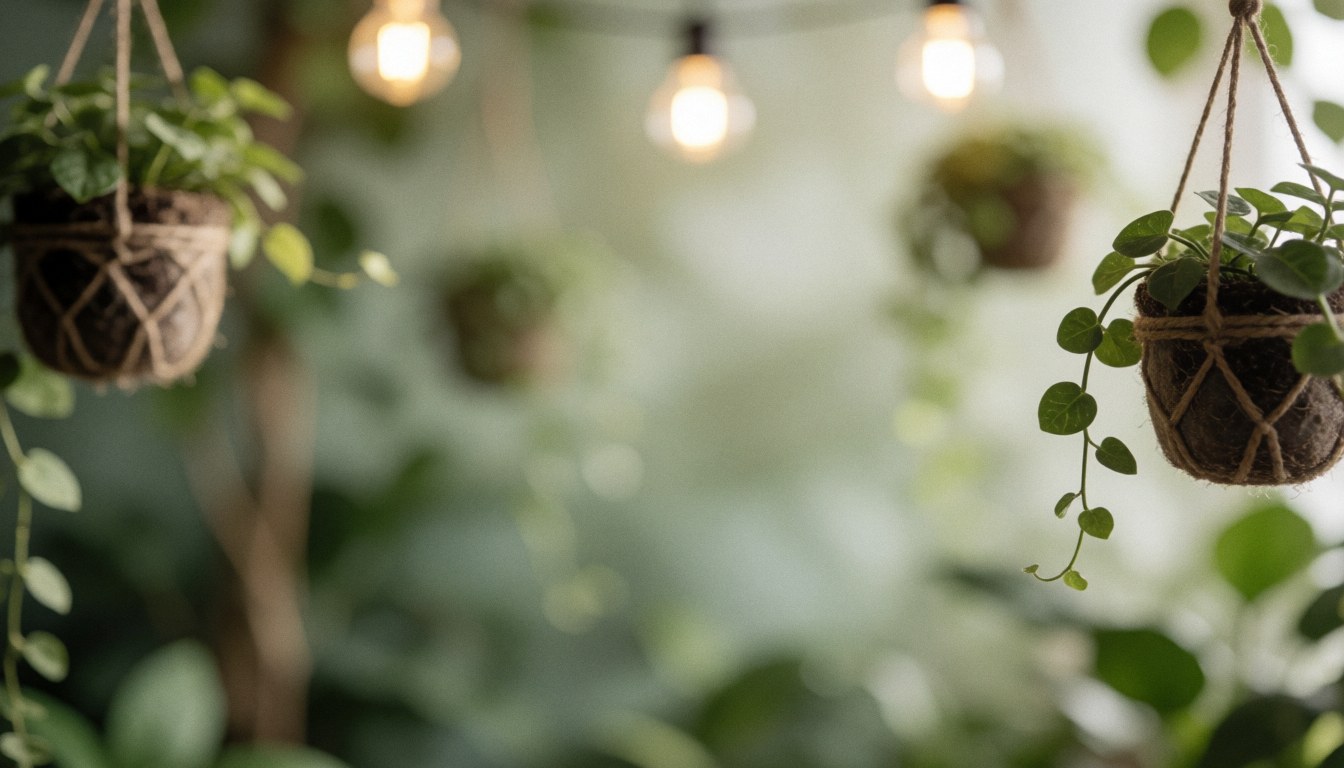 Hanging potted plants with warm ambient lights and soft green foliage, ideal for text backgrounds.