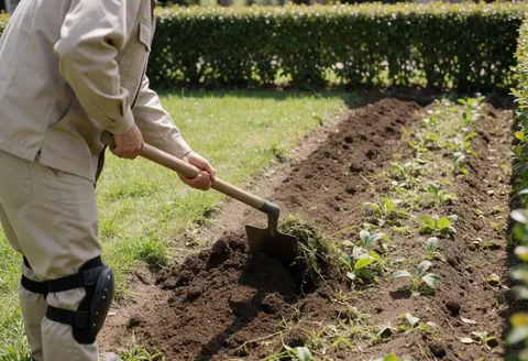 Professional gardener using a hoe to level soil in a vegetable garden with green bushes in the background