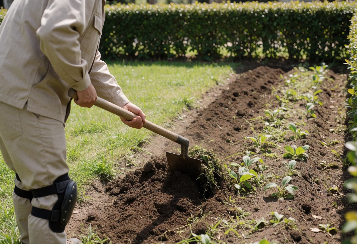 Professional gardener using a hoe to level soil in a vegetable garden with green bushes in the background