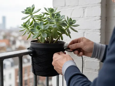 A hand tied to a black succulent pot with black rope on a metal railing against a blurred urban background.