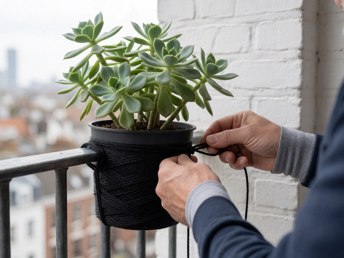 A hand tied to a black succulent pot with black rope on a metal railing against a blurred urban background.