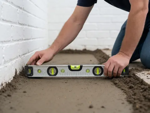 Professional hand level resting on smooth dirt ground next to a white brick wall for gardening or construction work