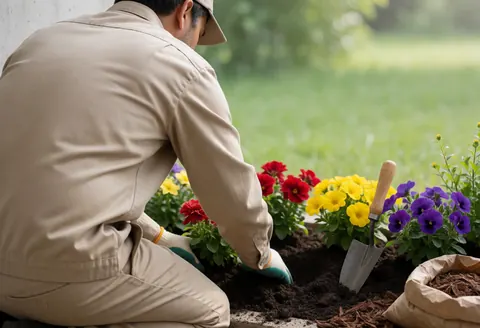A gardener planting red, yellow, and purple flowers in a soil bed with tools and mulch nearby under morning light
