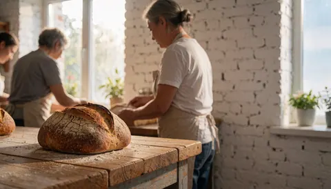 Baker and colleagues working behind a wooden counter with fresh bread in the foreground, white brick walls, and natural light.