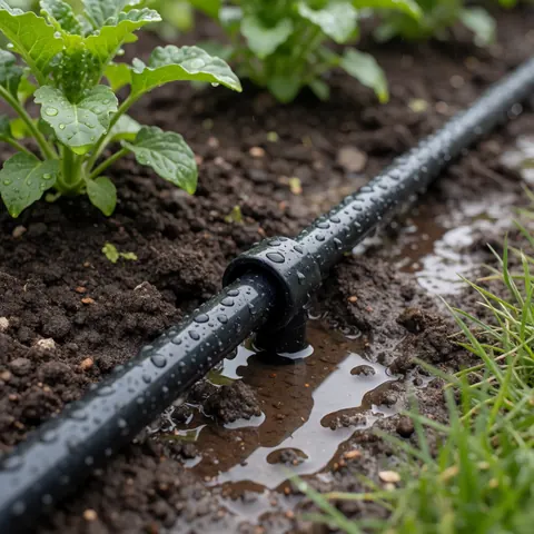 Black irrigation tube with water droplets installed on damp soil near green plants under diffused light