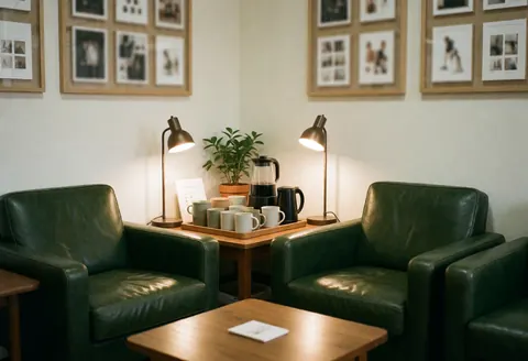 Two green leather chairs and a wooden table with coffee and plants in a cozy waiting area.