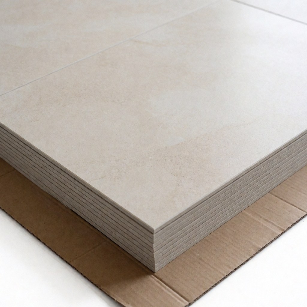 A neat stack of beige porcelain tiles with a stone texture resting on protective cardboard, lit for commercial product catalog use.