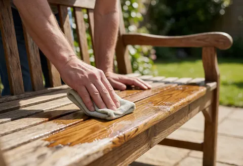 Hand using a cloth to apply clear wood sealer on an outdoor bench in sunlight with a blurred green background