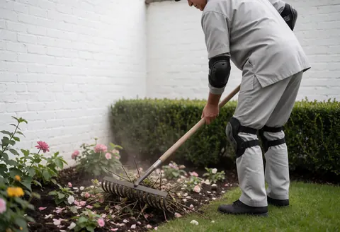 Gardener raking branches and petals in a pot with a steel rake against a white wall and green hedge in diffused light