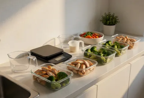Meal prep containers, digital scale, fresh vegetables, and natural light in a clean kitchen setting.