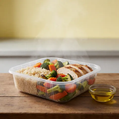 Healthy hot food in a plastic container with rice, chicken, vegetables, and olive oil on a rustic wooden table