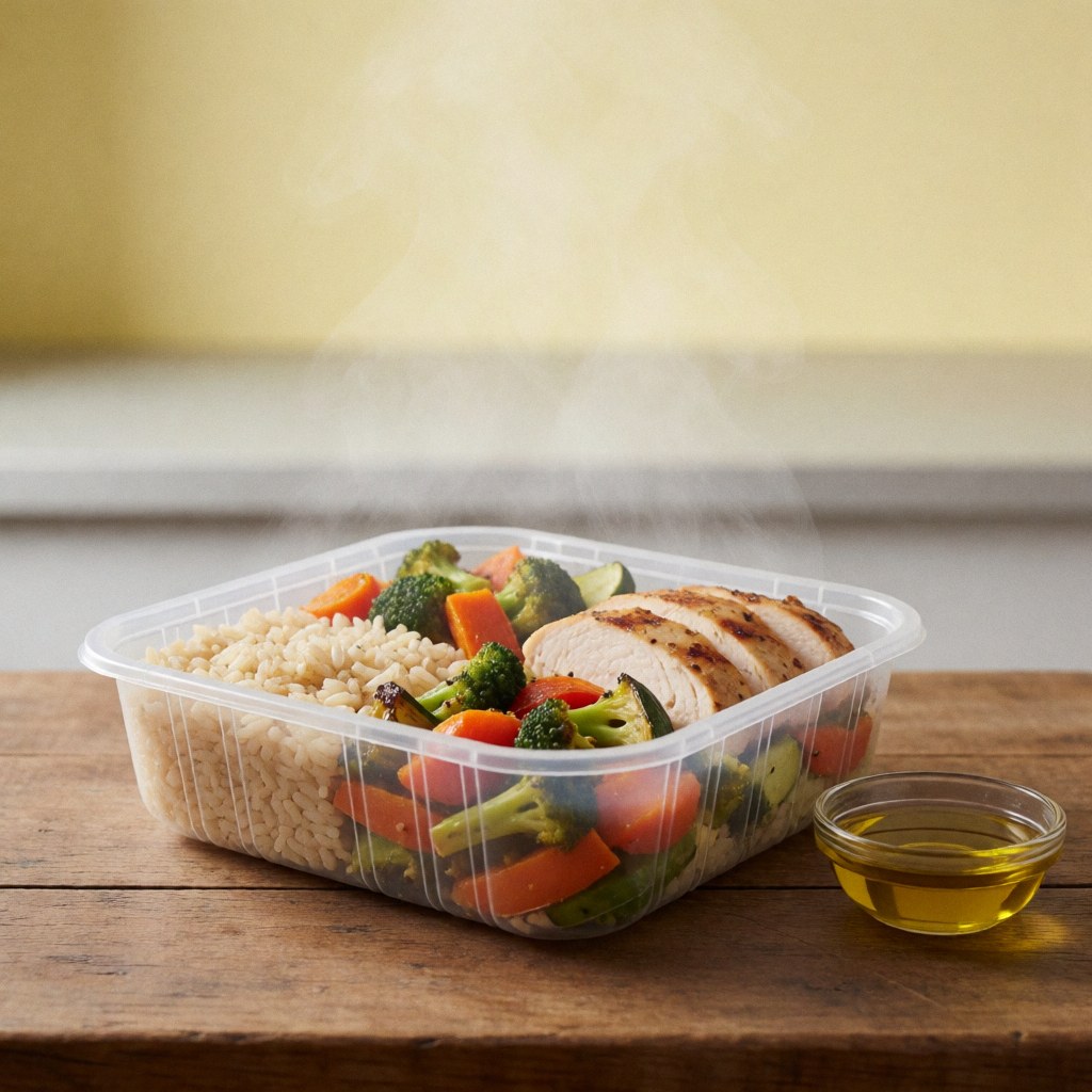 Healthy hot food in a plastic container with rice, chicken, vegetables, and olive oil on a rustic wooden table