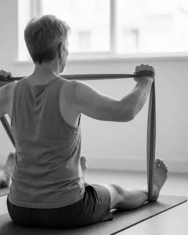 Back view of an adult man performing a stretch using a resistance band on a yoga mat near a window with natural light