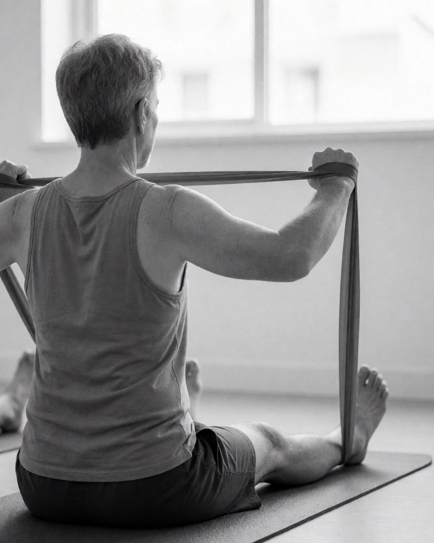 Back view of an adult man performing a stretch using a resistance band on a yoga mat near a window with natural light