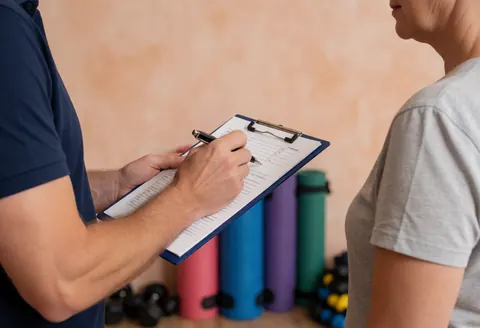 Personal trainer reviewing a workout plan with a client in a gym setting with mats and weights in the background