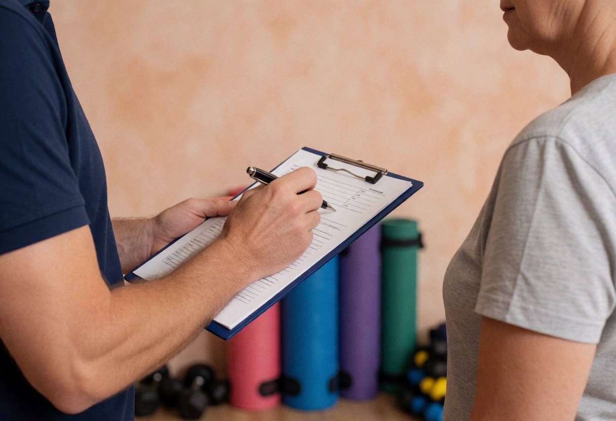 Personal trainer reviewing a workout plan with a client in a gym setting with mats and weights in the background