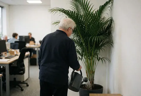 A man watering a potted plant in an office corner with blurred desks and chairs in the background.