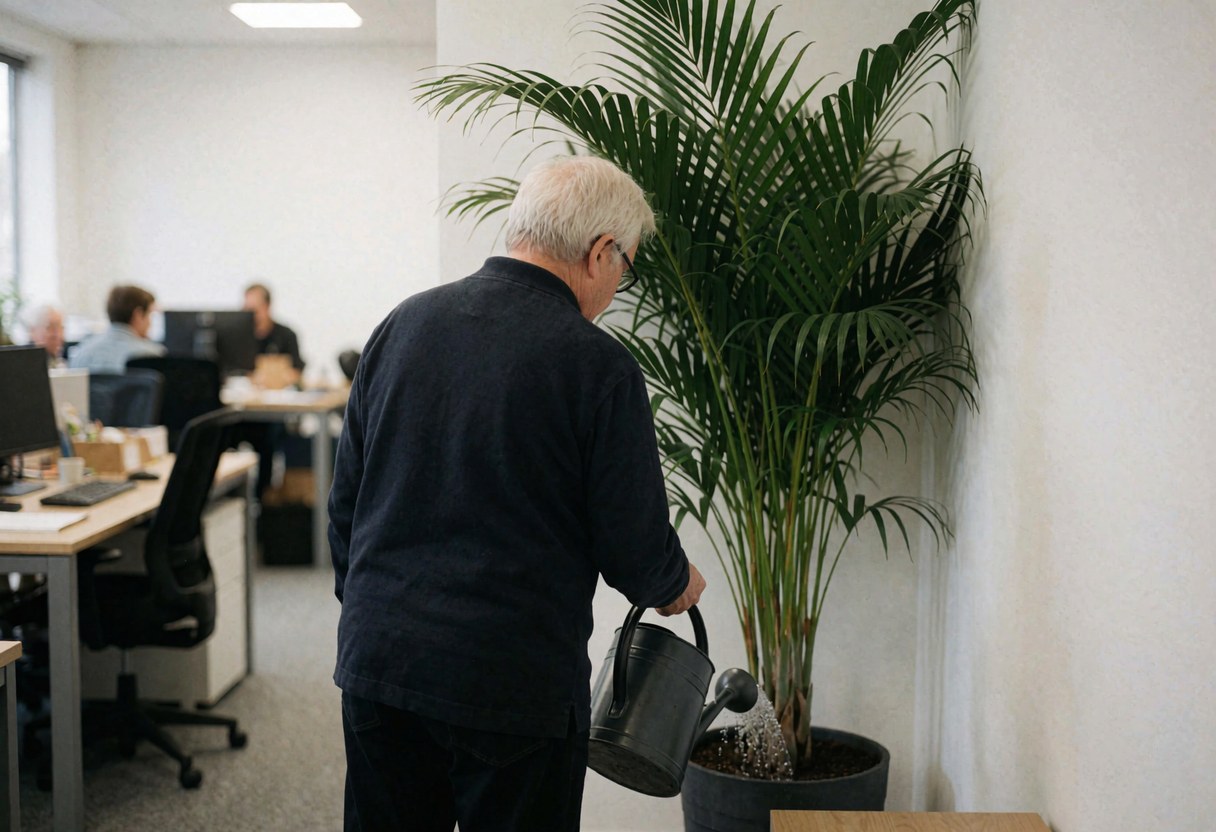 A man watering a potted plant in an office corner with blurred desks and chairs in the background.