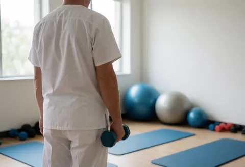 Back view of a personal trainer holding a dumbbell in a rehabilitation room with blue curtains, exercise balls, and natural light from a window.