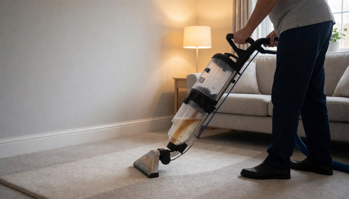 Carpet extraction machine removing dirty water from a carpet with warm lighting and space for text on the left
