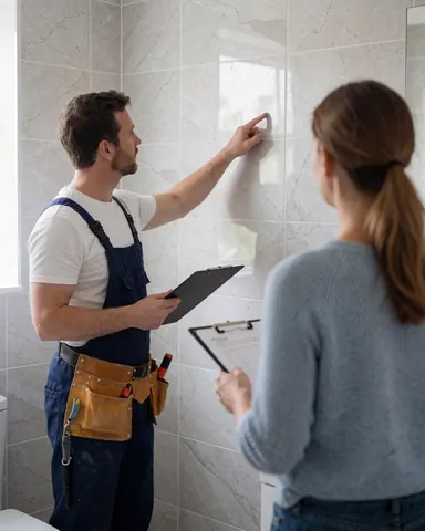 Professional tiler with tools and portfolio explaining tile installation details to a client in a bright modern bathroom.