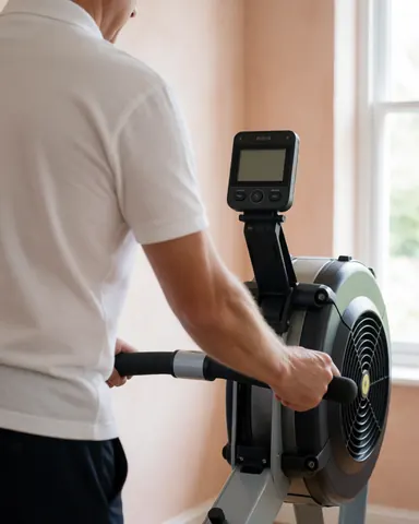 A man in a white shirt adjusts the tension on a rowing machine in a gym with terracotta walls and natural window light.