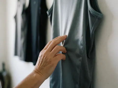 Close-up of an adult hand stretching the fabric of a hanging sports jersey to highlight its elasticity and texture against a blurred background.