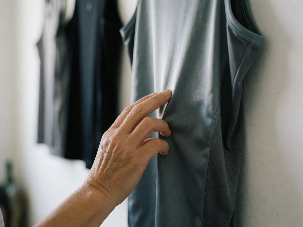 Close-up of an adult hand stretching the fabric of a hanging sports jersey to highlight its elasticity and texture against a blurred background.