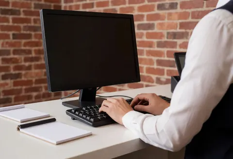 Back view of person working on white desk with red brick wall, notebooks and pen, warm lighting