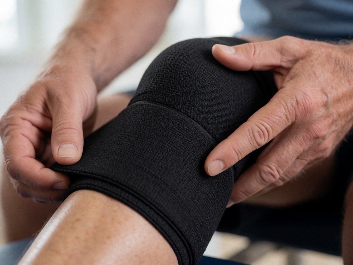 Close-up detail of adult hands tightening a black knee brace on a knee, showing texture and tension for training or recovery