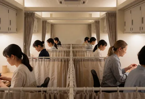 Women working in separate cubicles divided by curtains in a hostel, featuring lockers and warm lighting for a secure and private atmosphere.