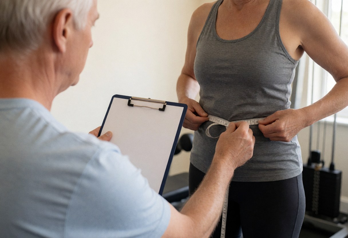 A CrossFit coach measures a client's waist with a tape measure in a gym with visible equipment and natural light